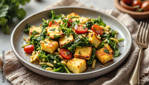 Grilled paneer and spinach salad with pine nuts and tomatoes