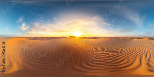 stunning 360 degree HDRI map captures vast sandy desert landscape at sunset, showcasing intricate patterns of dunes and warm glow of sun