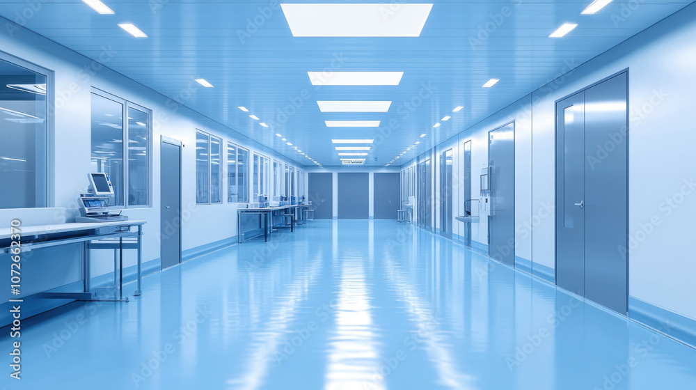 clean and bright hospital corridor featuring modern design and automation equipment. blue tones create calming atmosphere, ideal for healthcare settings clean and bright hospital corridor featuring modern design and automation equipment. blue tones create calming atmosphere, ideal for healthcare settings