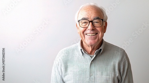 Cheerful Older Man Smiling Warmly at the Camera Against a Light Background, Capturing Joy and Positivity in Everyday Life