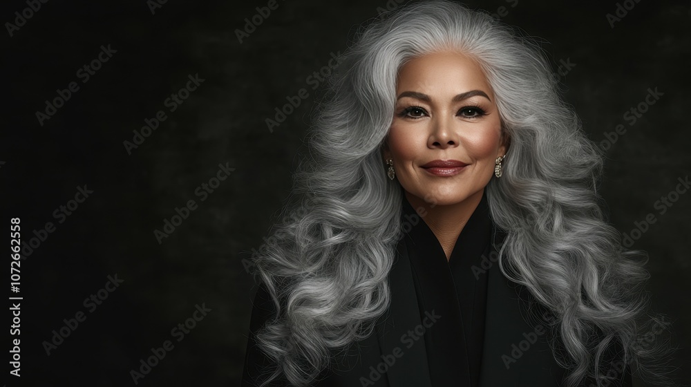A woman with long gray hair is smiling and wearing a black jacket. The image has a moody and dramatic feel to it, with the woman's long hair and the black jacket creating a sense of elegance A woman with long gray hair is smiling and wearing a black jacket. The image has a moody and dramatic feel to it, with the woman's long hair and the black jacket creating a sense of elegance