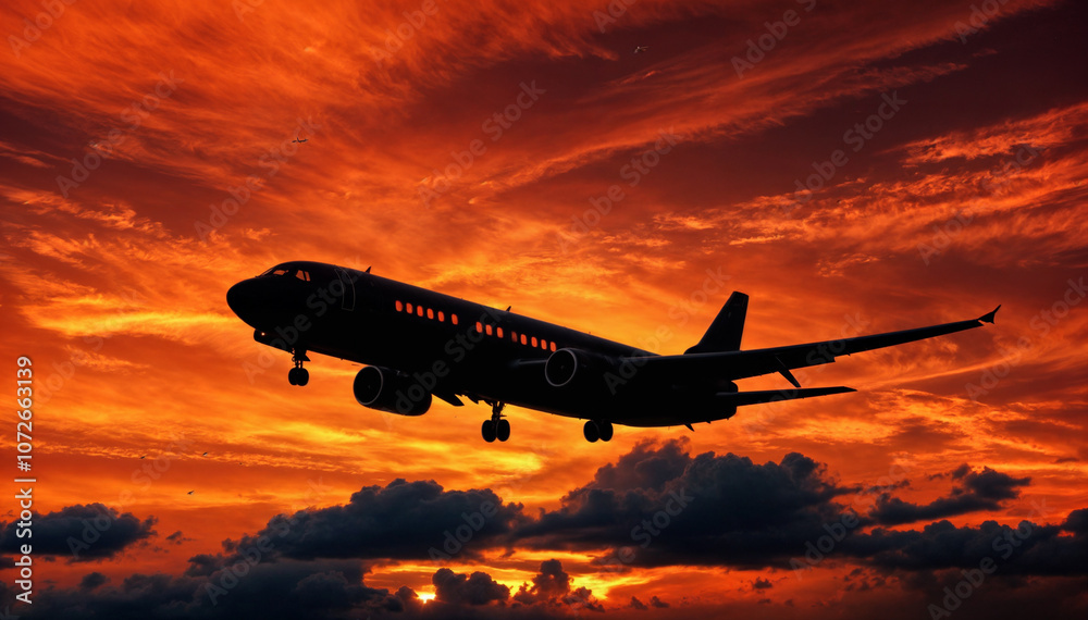 a large commercial airplane flying through the sky during sunset, with a backdrop of red and orange clouds. a large commercial airplane flying through the sky during sunset, with a backdrop of red and orange clouds.