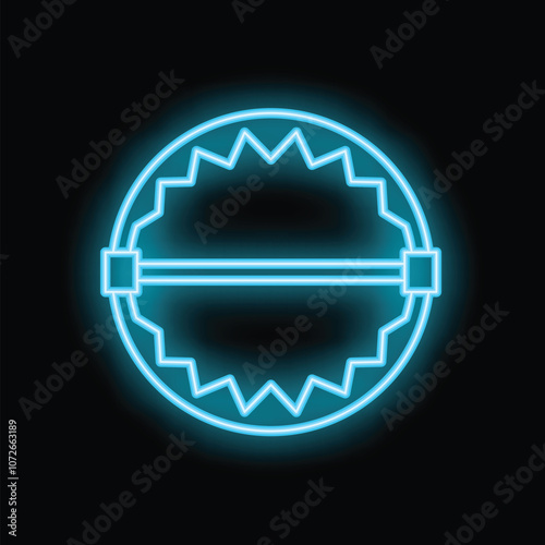 Bright blue neon sign of a bear trap glowing in the dark