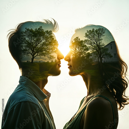A man and woman stand back to back, their silhouettes merge into a single, larger silhouette, creating a beautiful, surreal image of two people in love.
