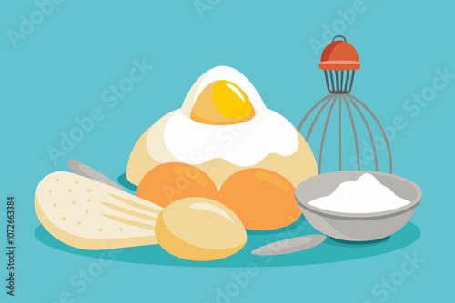  Heap of flour with an egg in the center, three eggs next to it and an eggbeater photo