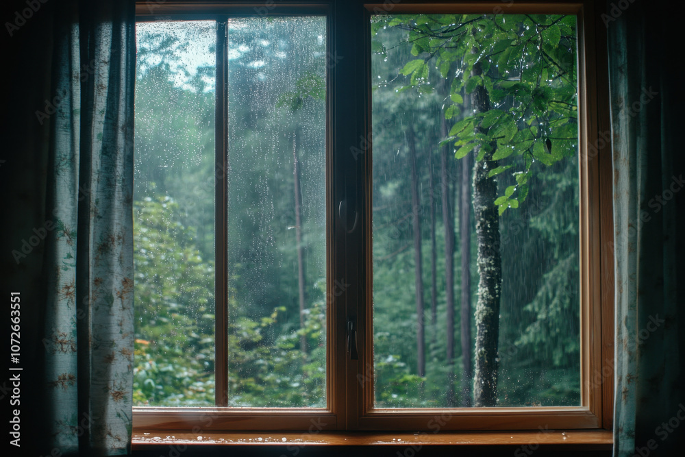 serene view through window showcasing raindrops on glass, surrounded by lush green trees and foliage. atmosphere evokes sense of calm and tranquility serene view through window showcasing raindrops on glass, surrounded by lush green trees and foliage. atmosphere evokes sense of calm and tranquility