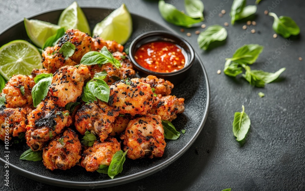 Close-up of crispy chicken wings on a black plate with lime wedges and basil. Close-up of crispy chicken wings on a black plate with lime wedges and basil.