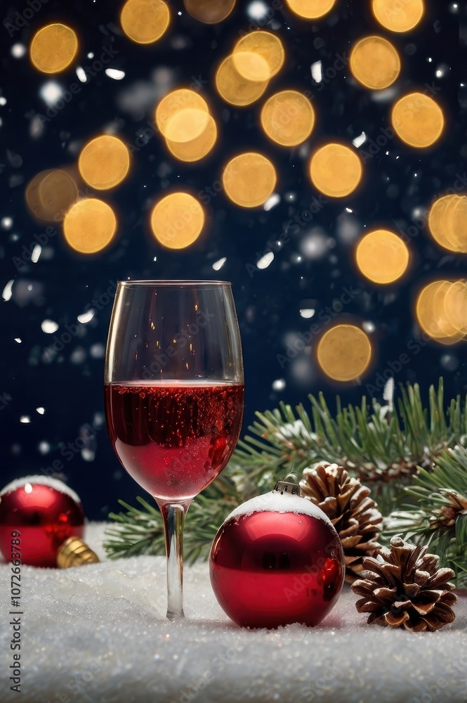 Champagne flute with ornaments and pine sprig Champagne flute with ornaments and pine sprig