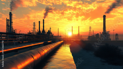 stunning sunset over large oil refinery, showcasing pipes leading to facility. vibrant colors of sky reflect on water, creating dramatic industrial scene