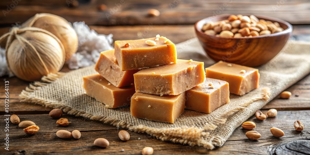 Close-up of Creamy Brown Caramel Candy on a Burlap Napkin with Scattered Nuts and a Wooden Bowl Filled with More Nuts on a Rustic Wooden Surface Close-up of Creamy Brown Caramel Candy on a Burlap Napkin with Scattered Nuts and a Wooden Bowl Filled with More Nuts on a Rustic Wooden Surface