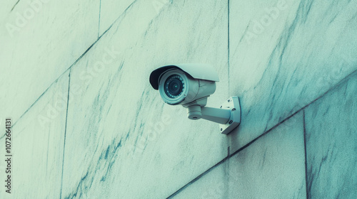 Surveillance camera mounted on textured wall, providing security and monitoring. This modern design enhances safety in commercial and residential areas photo