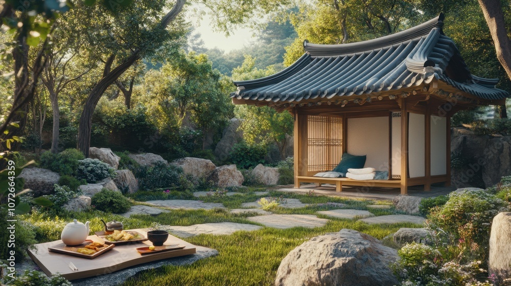 Obraz premium Serene Garden with Traditional Asian Architecture