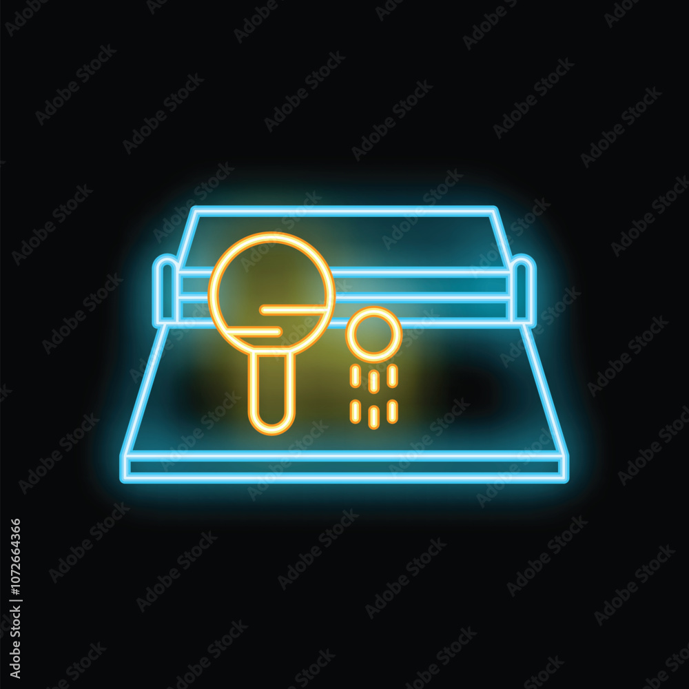 Neon sign illuminating a ping pong table with a bat and a bouncing ball Neon sign illuminating a ping pong table with a bat and a bouncing ball