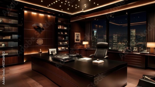 Elegant Nighttime Office with City Skyline View