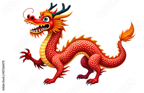 Red Chinese dragon with yellow stripes on body, claws, tail. Mythical creature, of good luck, prosperity in Chinese culture. Dragon friendly expression, bright orange mane. Stands on four legs with