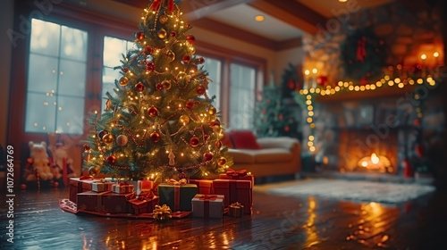 Generative AI. Christmas tree_ with soft lighting a_ beautifully decorat