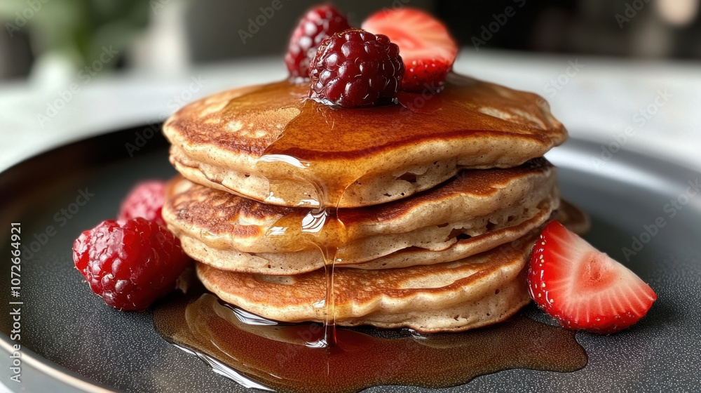 Delicious stack of pancakes drizzled with syrup, topped with fresh strawberries and raspberries, creating mouthwatering breakfast treat Delicious stack of pancakes drizzled with syrup, topped with fresh strawberries and raspberries, creating mouthwatering breakfast treat