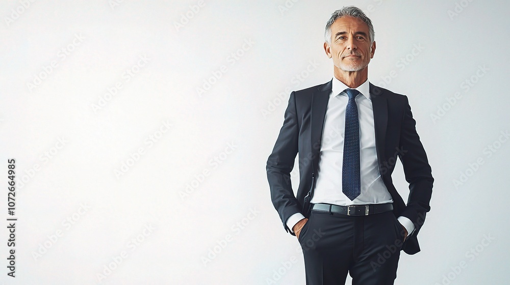 Confident Mature Businessman Posing in Full-Length Portrait Against Simple Background, Exuding Professionalism and Authority in Modern Work Environment Confident Mature Businessman Posing in Full-Length Portrait Against Simple Background, Exuding Professionalism and Authority in Modern Work Environment