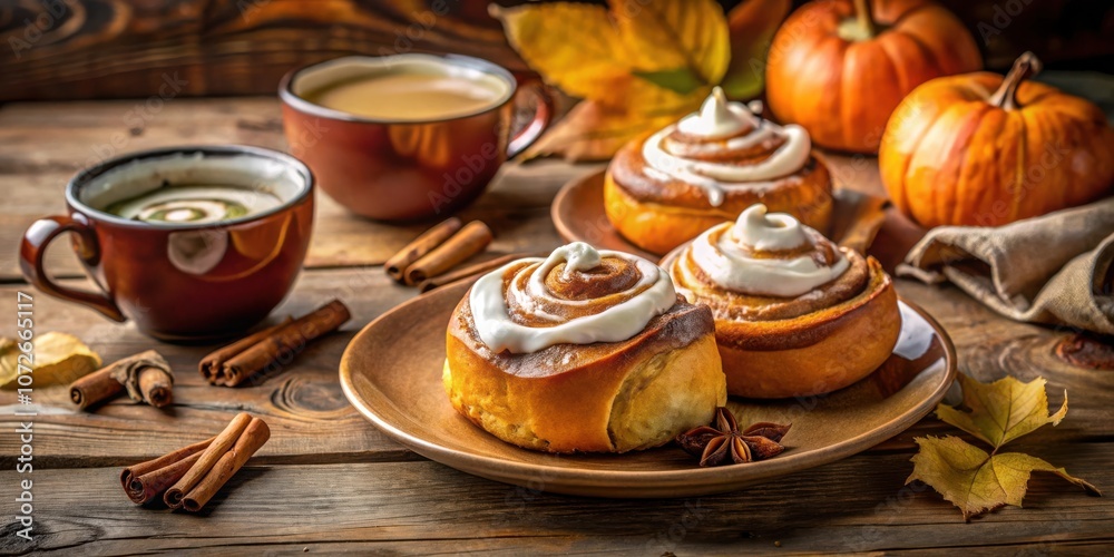 Autumnal Sweet Treat Warm Cinnamon Rolls, Creamy Frosting, and Spiced Coffee Served on Rustic Wooden Table with Fall Foliage