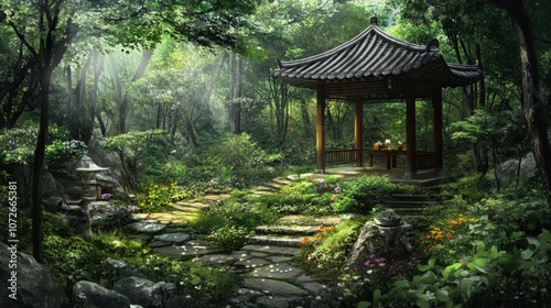 Serene Garden Pavilion in Lush Green Forest