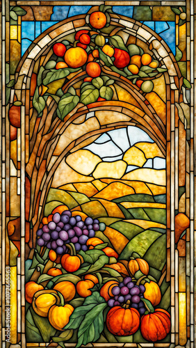 A stained glass window design depicting a harvest festival showing fruit and vegetables in a countryside setting