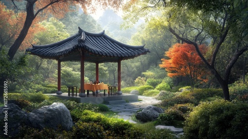 Tranquil Garden Pavilion Surrounded by Lush Foliage