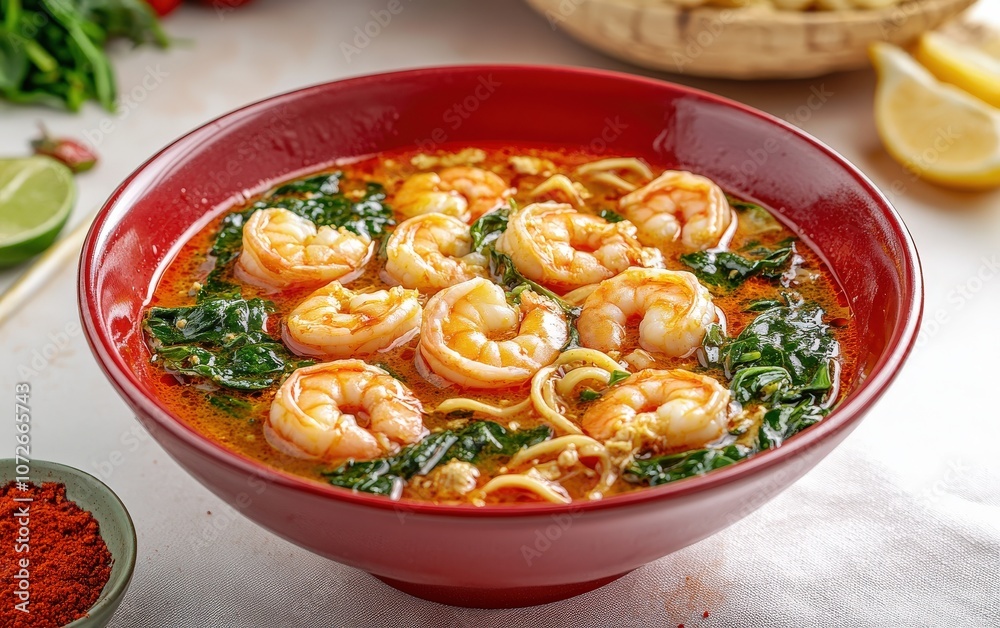 Close-up of a bowl of spicy shrimp noodle soup with spinach. Close-up of a bowl of spicy shrimp noodle soup with spinach.
