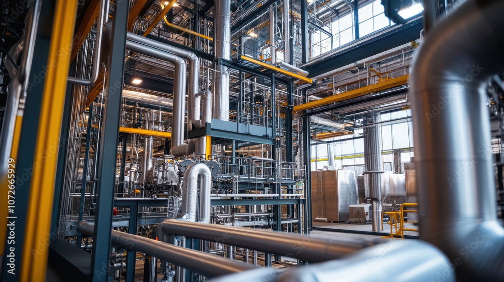 Industrial building interior features complex piping and machinery, showcasing modern manufacturing environment filled with metallic structures and vibrant colors Industrial building interior features complex piping and machinery, showcasing modern manufacturing environment filled with metallic structures and vibrant colors