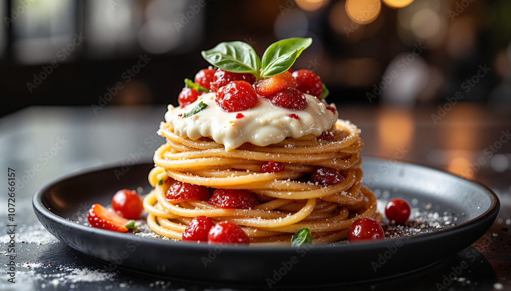 Spaghetti dessert with cream and berries on dark plate Spaghetti dessert with cream and berries on dark plate
