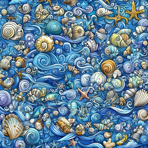 The blue oceanic theme is reflected in this detailed illustration of marine life. photo