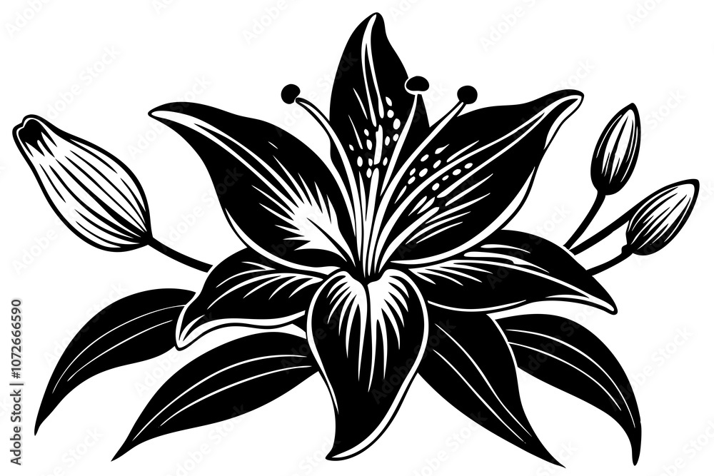 Bright pink lily with buds and leaves vector art illustration Bright pink lily with buds and leaves vector art illustration