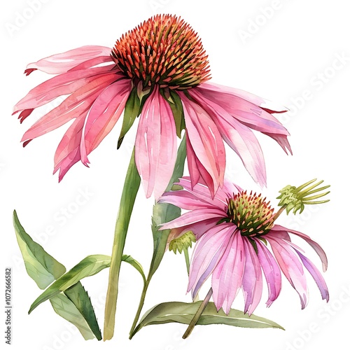 Fototapeta Naklejka Na Ścianę i Meble -  Watercolor Pink Echinacea Isolated on White Background. Beautiful Echinacea Flower