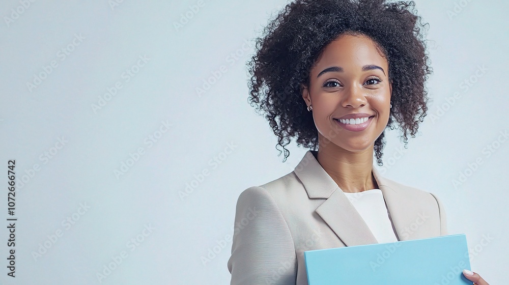 Obraz premium Happy Businesswoman Smiling While Holding a Blue Document Folder in a Professional Setting, Exuding Confidence and Positivity in a Portrait Capture