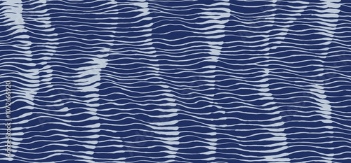 Aerial ocean wave wood carving style pattern, hand drawn ink brush line, woodcut, engraving style calm and humble duotone sea background, indigo blue and white minimal semi-abstract illustration
