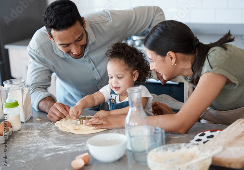 Happy family, kid and baking with cookie cutter to shape dough, flour or toddler learning in kitchen. Mom, dad and child cooking with parents, help or teaching girl dessert recipe for support in home