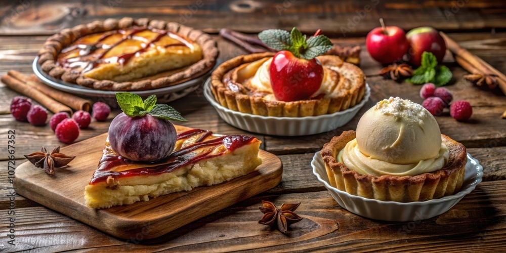 Gourmet Pastry Assortment Featuring Apple Tartlets, Creamy Custard Tarts, and a Slice of Fruit Tart on a Rustic Wooden Table Gourmet Pastry Assortment Featuring Apple Tartlets, Creamy Custard Tarts, and a Slice of Fruit Tart on a Rustic Wooden Table