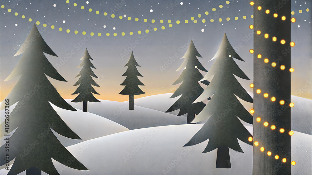 Obraz premium Snowy winter landscape with lights, spruce trees decorated with garlands of lights