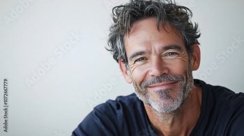 Relaxed Mid-Aged Man Smiling Gently in a Contemporary Portrait Setting with Soft Lighting and a Neutral Background for Stock Photography Needs