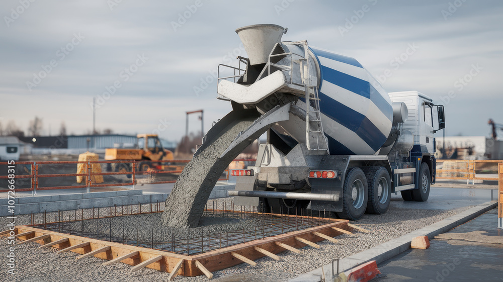 Fototapeta premium A cement mixer truck pouring concrete at a construction site, highlighting machinery and teamwork in action.