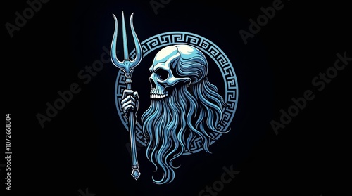 Poseidon Skull Logo: Line Art with Black Background