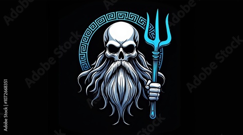 Poseidon Skull Logo with Long Beard in Line Art Style