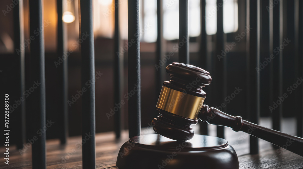 gavel rests on wooden surface, symbolizing justice, with prison bars in background, evoking sense of law and order gavel rests on wooden surface, symbolizing justice, with prison bars in background, evoking sense of law and order