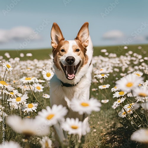 A happy dog running with its ears flapping through a field of blooming daisies on a sunny day. photo