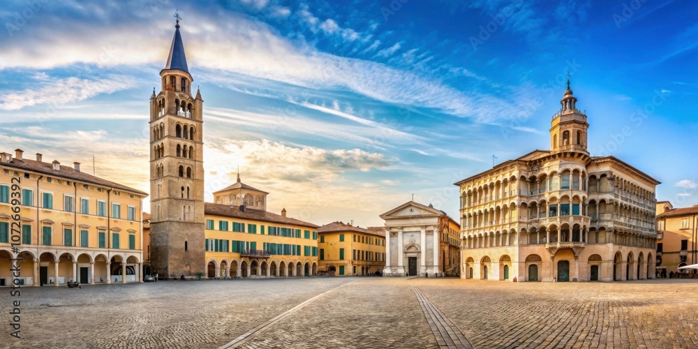 Obraz premium Panoramic view of historic Piazza Duomo in Parma, Italy, Piazza Duomo, Parma, Italy, Architecture, Cathedral, Square