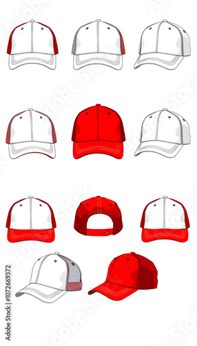 Set of red and white trucker cap hat mockup template collection, various angle isolated cut out isolated with white highlights, png