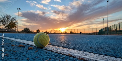 Una pelota de tenis reposa sobre una cancha azul mientras el sol se pone bajo photo