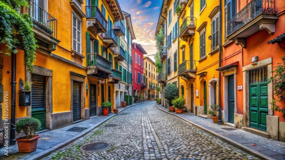 Fototapeta premium Vibrant street in Brera district, Milan with colorful buildings and cobblestone pavement, Italy, Lombardy, Brera, Milan