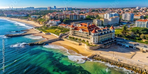 Aerial view of Tamariz Beach with Casino Estoril and Hotel Palacio , Estoril, Portugal, beach, Tamariz