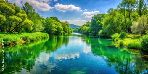 Serene river flowing through vibrant green natural reserve, river, meander, greenery, protected, natural reserve, serene, tranquil