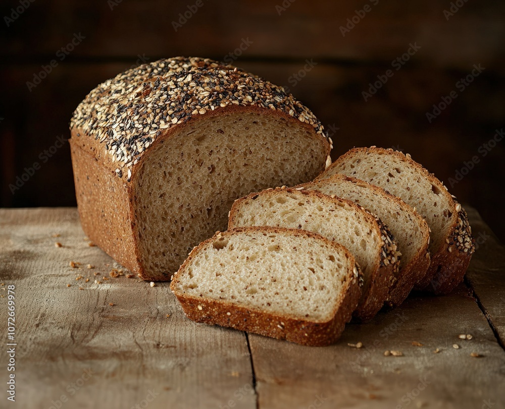 Freshly baked loaf of bread with sliced pieces on wooden table.